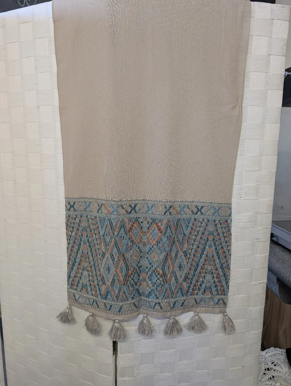 J. Crew Wrap Scarf Bohemian Style  Beige Turquoise Orange Silver Tassel NWT